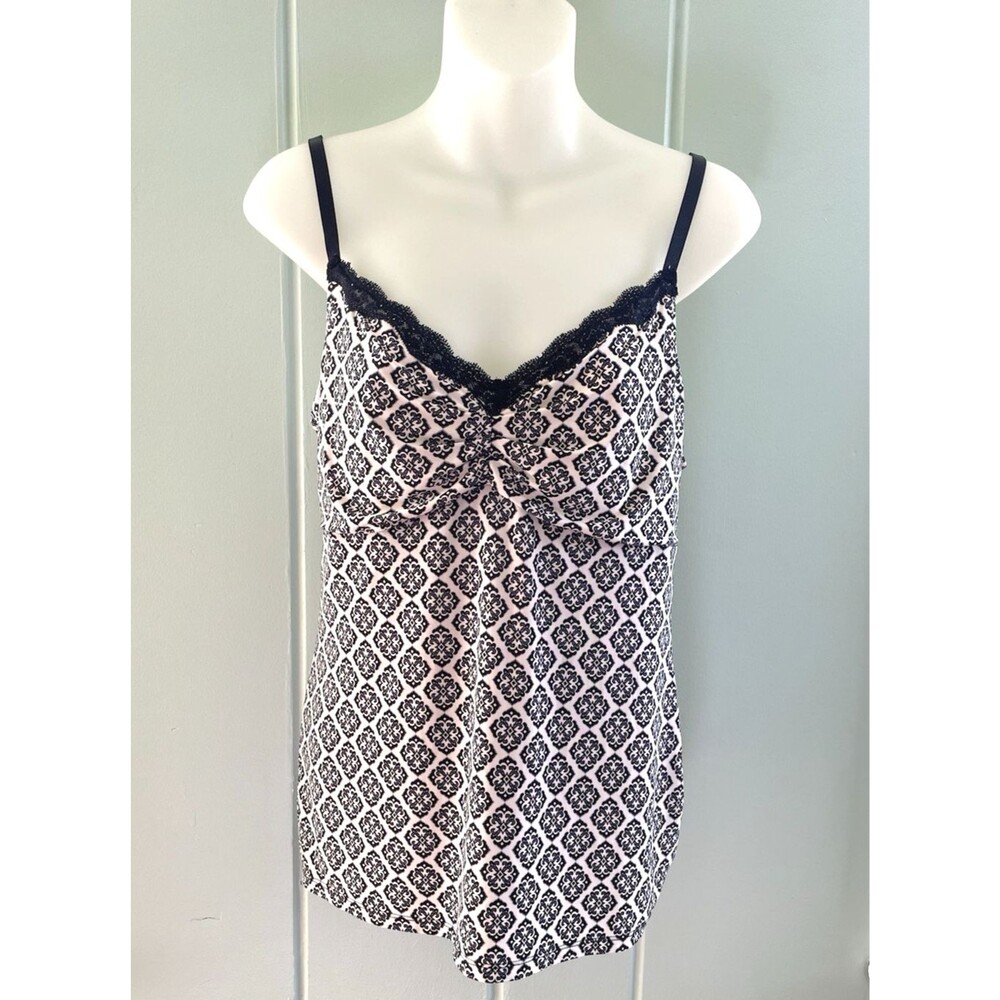 WHBM Womens Tank Black White M Lace Trim Stretch Coquette Ruched Babydoll Cami